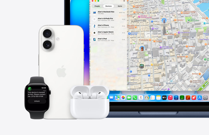 Apple Watch, der Text auf dem Display lautet ?Dieses Ger?t ist als verloren markiert. Bitte kontaktiere mich.“ mit Telefonnummer, daneben das iPhone, die AirPods Pro und das MacBook Neo, Farbe Indigo, das Display zeigt die ?Wo ist?“ App mit Karte und Liste von Ger?ten mit ihren Standorten