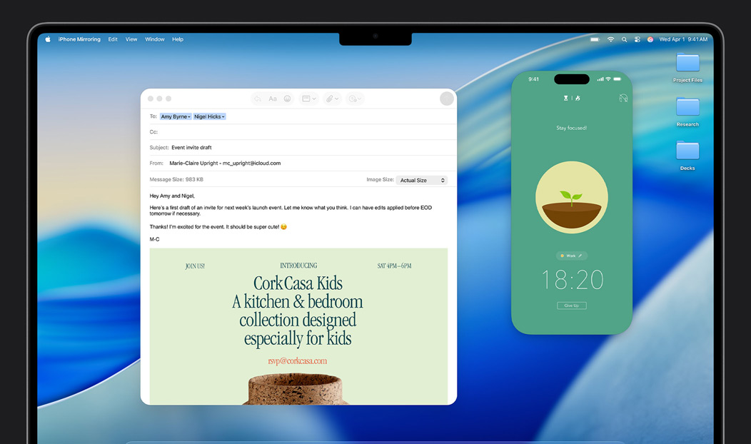 Mail-appen er ?pen p? MacBook Pro, Forest-appen p? iPhone-skjermen vises p? MacBook Pro-skjermen.