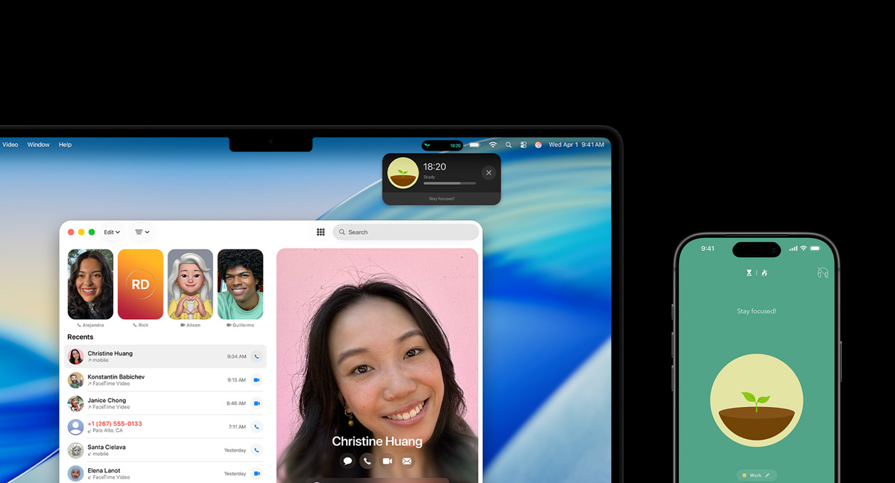 En MacBook Pro og en iPhone ved siden av hverandre. Telefon-appen og Oppdateringer i sanntid fra Forest-appen vises p? MacBook Pro-skjermen, og Forest-appen vises p? iPhonen.