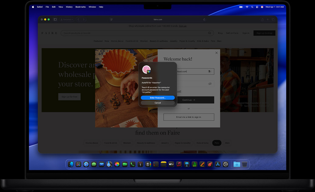 MacBook Pro, color negro espacial, Safari y la app Contrase?as pide que se inicie sesión en un sitio web con Touch ID
