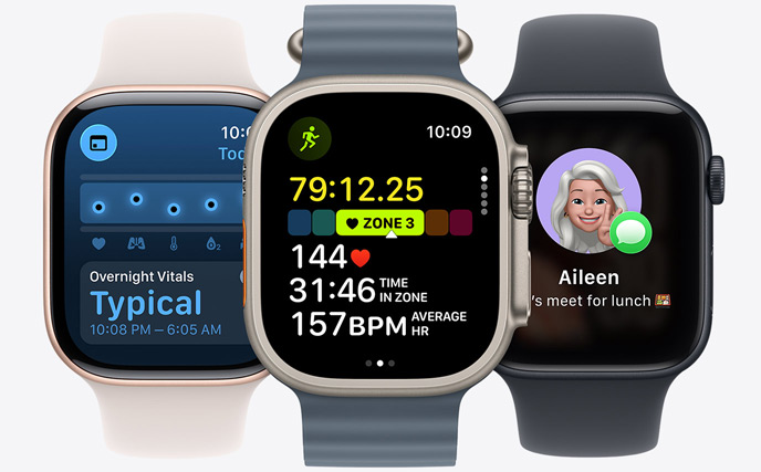 Tre Apple Watch-modeller: I mitten i naturlig finish, urtavlan visar en p?g?ende l?ptur med pulsdata. Till h?ger i gagatsvart, urtavlan visar Genmoji. Till v?nster i roséguld, urtavlan visar Vitalparametrar.