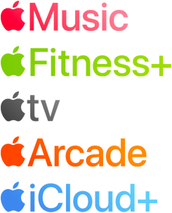 Une liste de services Apple: Apple Music, Apple Fitness Plus, Apple TV, Apple Arcade et Apple iCloud Plus