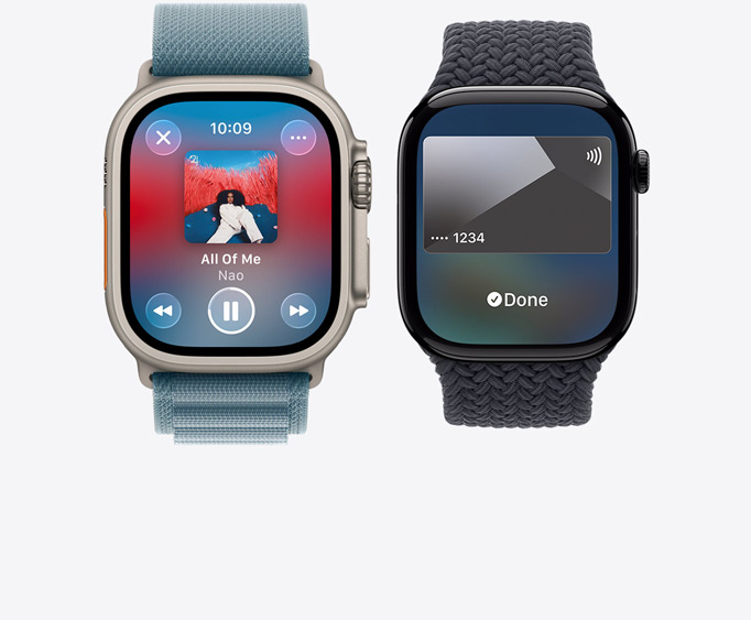 Apple Watch Ultra 3, Titangeh?use, Farbe Natur, Apple Music App, Display ?Jetzt l?uft“, Apple Watch Series 11, Aluminiumgeh?use, Farbe poliertes Diamantschwarz, Apple Pay Display, Apple Card