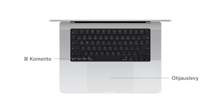 N?kym? ylh??lt? 14 tuuman MacBook Prosta, kuvassa viivat osoittavat komenton?pp?imen ja ohjauslevyn paikan.