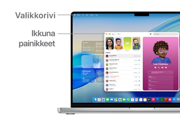 Esittelykierros macOS:ss? navigoinnista, mukana mm. MacBook-laitteen n?yt?n yl?reunassa oleva valikkorivi ja Dock.