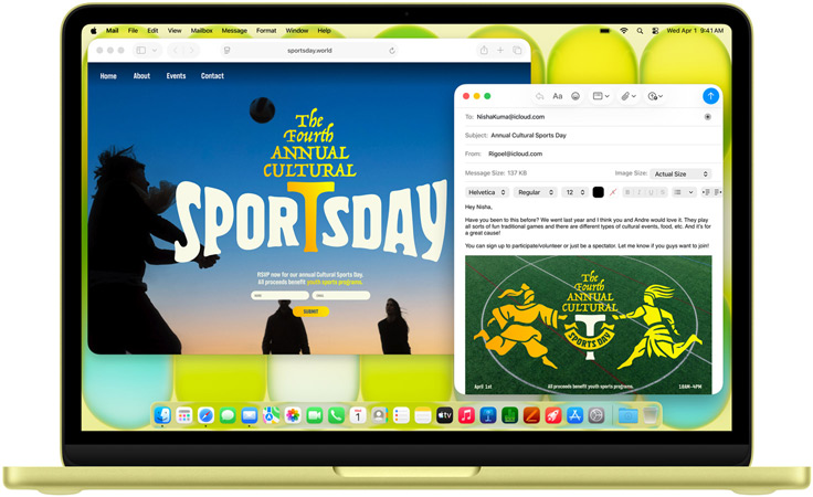 MacBook Neo, v?rin? sitrus, k?det n?pp?imist?ll?, k?ytt?j? kirjoittaa s?hk?postikutsua urheilutapahtumaan, tapahtuman verkkosivu on avoinna vieress?