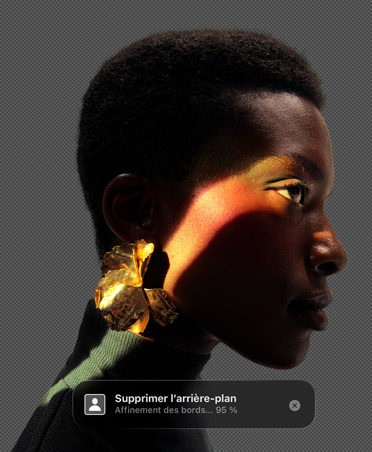 Interface de Pixelmator Pro avec l’image du profil d’une personne, outil de suppression de l’arrière?plan