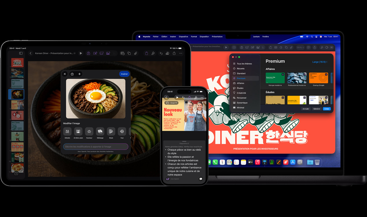 écran de l’iPad Pro 13 affichant Keynote avec une image générée d’un bol de légumes et d’un ?uf au plat, écran de l’iPhone 16 affichant Keynote avec une photo de deux femmes et des notes de présentation, écran du MacBook Pro 16 affichant une présentation Keynote avec la fenêtre des thèmes ouverte