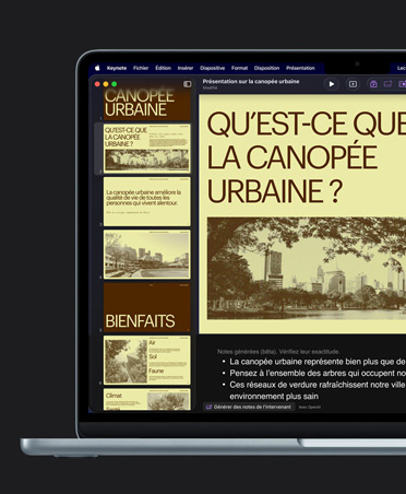écran de MacBook Air 13, Keynote, diapositive jaune intitulée Urban Canopy avec des images de batiments, notes de présentation générées par l’IA sous la diapositive