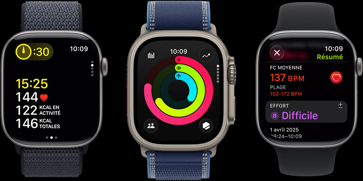 Trois Apple Watch affichant des données d’entra?nement, les anneaux Activité et un bilan de séance
