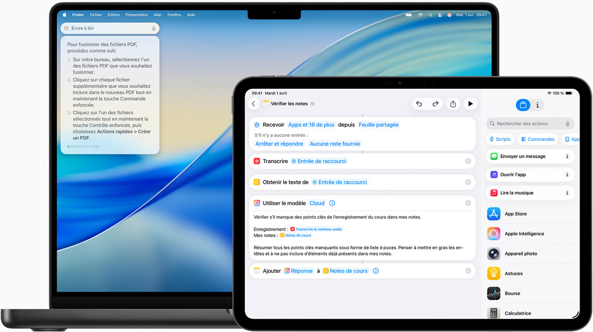 Un Mac affichant écrire à Siri, et un iPad montrant un raccourci intégrant Apple Intelligence.