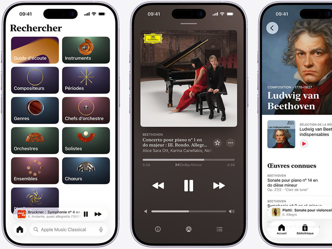 iPhone sur la gauche montrant l’onglet Explorer d’Apple Music Classical ouvert sur la section Catalogue avec les catégories Compositeurs, Périodes, Genres, Chefs d’orchestre, Orchestres, Solistes, Ensembles et Ch?urs. iPhone au milieu montrant le concerto pour piano N°1 en do majeur de Beethoven, Op. 15 : III. Rondo. Lecture en cours de l’Allegro scherzando en Dolby Atmos. iPhone sur la droite affichant la page Composition de Ludwig van Beethoven