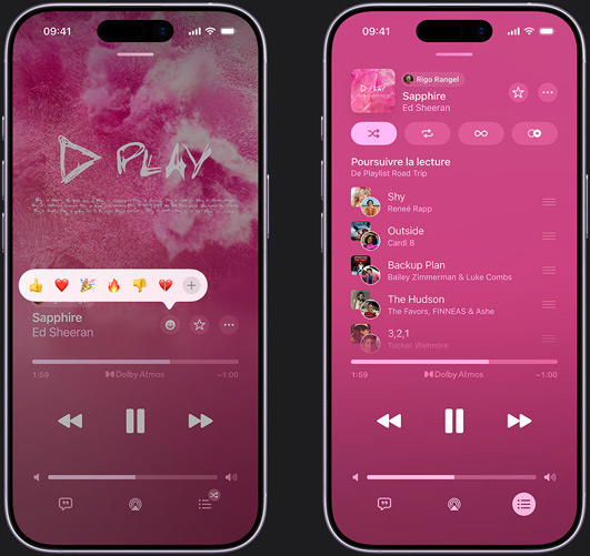 iPhone sur la gauche affichant la chanson ? Sapphire ? d’Ed Sheeran en cours de lecture sur l’écran de l’iPhone avec un emoji de réaction proposant les options pouce levé, c?ur, célébrer, pouce baissé ou ajouter une autre réaction. iPhone sur la droite affichant une playlist collaborative intitulée Playlist Road Trip avec plusieurs morceaux ajoutés par d’autres personnes