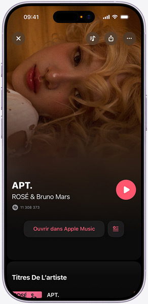 écran d’iPhone affichant ? APT ? de ROSé et Bruno Mars indiquant que Shazam a identifié le morceau