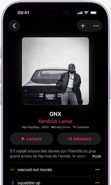écran d’iPhone affichant l’album ? GNX ? de Kendrick Lamar sur Apple Music