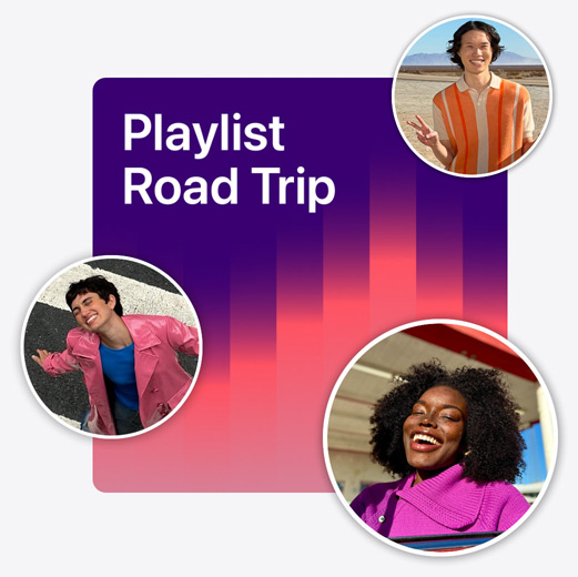 Couverture d’une playlist collaborative intitulée ? Playlist Road Trip ? avec des photos de profil de différentes personnes abonnées