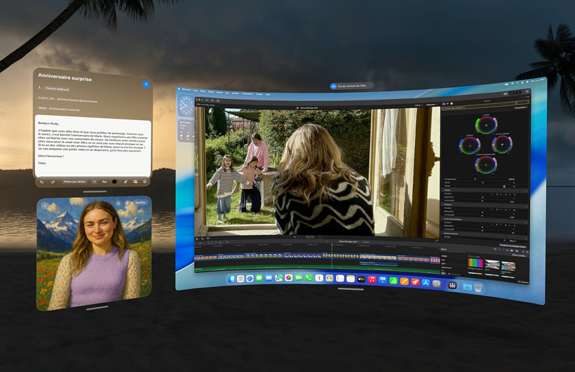 Plusieurs fenêtres d’apps affichées dans un environnement, dont Mail, Image Playground et l’écran virtuel du Mac