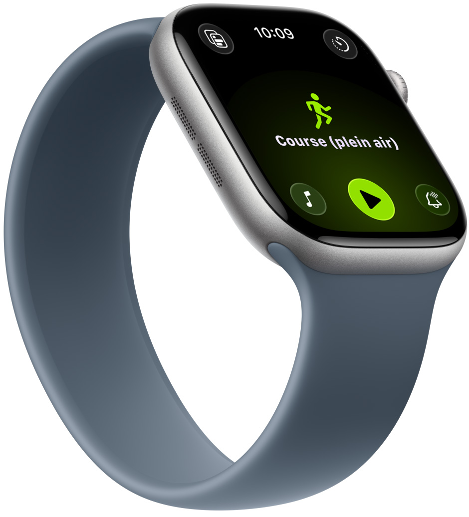 Apple Watch Series 11, bo?tier en aluminium, gris sidéral, exercice Course en plein air, commandes Apple Music au bas de l’écran, Boucle unique, bleu maritime