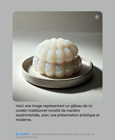 Image illustrant la représentation expérimentale d’un gateau de riz traditionnel coréen avec l’explication des caractéristiques de l’image générée par Apple Intelligence avec ChatGPT intégré