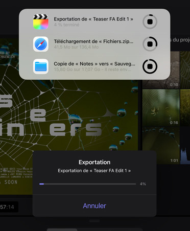 Notification de taches en arrière-plan montrant l’exportation en cours d’une vidéo, le téléchargement d’un fichier et le déplacement de Notes vers Sauvegarde