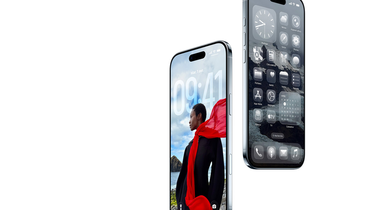 Deux iPhone Air, face avant, c?té, profil fin, écran verrouillé dynamique, écran d’accueil avec apps Liquid Glass