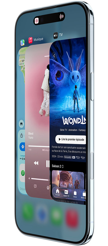 iPhone Air, face avant, c?té, avec les apps Plans, Musique et Apple TV+, présentant la fonctionnalité Sélecteur d’app en cours d’utilisation
