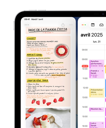 Un iPad, orientation paysage, la partie supérieure gauche de l’écran affiche les apps Notes et Calendrier, disposées c?te à c?te pour illustrer les fenêtres en mosa?que
