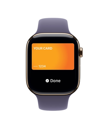 Apple?Watch?Series?11, χρυσαφ? χρ?μα, κ?σα απ? τιτ?νιο, Apple?Pay, εξωτερικ? δεξι? πλα?ν? ?ψη, Digital?Crown, λουρ?κι Sport Band σε μωβ τη? ομ?χλη?