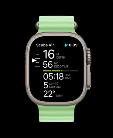 Apple Watch Ultra 3, φυσικ? χρ?μα, κ?σα απ? τιτ?νιο, μετρ?σει? κατ?δυση? Oceanic+: β?θο?, χρ?νο? αποσυμπ?εση?, χρ?νο? κατ?δυση?, λεπτ? μ?χρι την επιφ?νεια, θερμοκρασ?α νερο?, λουρ?κι Ocean Band, πρ?σινο ν?ον χρ?μα 