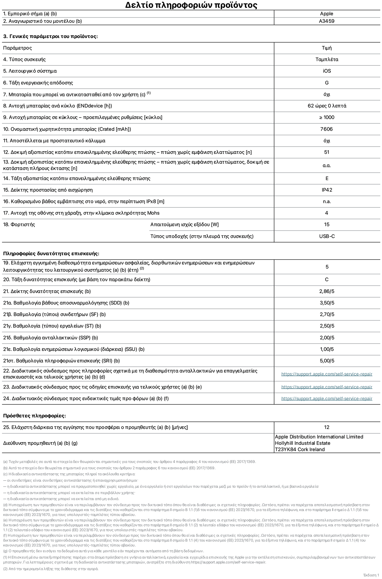 Φ?λλο πληροφορι?ν προ??ντο? για το iPad Air Wi-Fi 11 ιντσ?ν, μοντ?λο A3459. Παρ?χεται απ? την Apple Distribution International Limited, Hollyhill Industrial Estate. Cork, Ιρλανδ?α, T23 YK84. Τ?πο? συσκευ??: τ?μπλετ. Λειτουργικ? σ?στημα: iOS. Τ?ξη ενεργειακ?? απ?δοση?: G. Δυνατ?τητα αντικατ?σταση? μπαταρ?α? απ? τον χρ?στη: ?χι. Αντοχ? μπαταρ?α? αν? κ?κλο: 62 ?ρε?. Αντοχ? μπαταρ?α? σε κ?κλου? - προεπιλεγμ?νε? ρυθμ?σει?: μεγαλ?τερη ? ?ση του 1.000. Ονομαστικ? χωρητικ?τητα μπαταρ?α?: 7.606 μιλιαμπ?ρ-?ρα. Αποστ?λλεται με προστατευτικ? κ?λυμμα: ?χι. Δοκιμ? αξιοπιστ?α? κατ?πιν επανειλημμ?νη? ελε?θερη? πτ?ση?, πτ?σει? χωρ?? βλ?βη: περισσ?τερε? ? ?σε? με 51. Δοκιμ? αξιοπιστ?α? κατ?πιν επανειλημμ?νη? ελε?θερη? πτ?ση?, πτ?σει? χωρ?? βλ?βη σε κατ?σταση πλ?ρου? ?κταση?: μη διαθ?σιμο. Τ?ξη αξιοπιστ?α? κατ?πιν επανειλημμ?νη? ελε?θερη? πτ?ση?: E. Αξιολ?γηση προστασ?α? απ? εισχ?ρηση: IP42. Καθορισμ?νο β?θο? εμβ?θιση? σε νερ?, σε περ?πτωση iPx8: μη διαθ?σιμο. Ανθεκτικ?τητα οθ?νη? στι? γρατζουνι?? στην κλ?μακα σκληρ?τητα? Mohs: 4. Απαιτο?μενη ισχ?? εξ?δου φορτιστ?: 15 W. Τ?πο? υποδοχ?? ηλεκτρικο? ρε?ματο? φορτιστ? (στο ?κρο τη? συσκευ??): USB-C. Ελ?χιστη εγγυημ?νη διαθεσιμ?τητα ενημερ?σεων ασφαλε?α?, διορθωτικ?ν ενημερ?σεων και ενημερ?σεων λειτουργικ?τητα? λειτουργικο? συστ?ματο?: 5 ?τη. Τ?ξη επιδιορθωσιμ?τητα?: C. Δε?κτη? επιδιορθωσιμ?τητα?: 2,86/5. Βαθμολογ?α β?θου? αποσυναρμολ?γηση? (SDD): 3,50/5. Βαθμολογ?α συνδετ?ρων: 2,70/5. Βαθμολογ?α εργαλε?ων: 2,50/5. Βαθμολογ?α ανταλλακτικ?ν: 2.00/5. Βαθμολογ?α ενημερ?σεων λογισμικο?: 1,00/5. Βαθμολογ?α πληροφορι?ν επιδι?ρθωση?: 5,00/5. Διαδικτυακ?? σ?νδεσμο? με πληροφορ?ε? για τη διαθεσιμ?τητα ανταλλακτικ?ν για επαγγελματ?ε? τεχνικο?? και τελικο?? χρ?στε?: https://support.apple.com/self-service-repair. Διαδικτυακ?? σ?νδεσμο? με πληροφορ?ε? επιδι?ρθωση? για τελικο?? χρ?στε?: https://support.apple.com/self-service-repair. Διαδικτυακ?? σ?νδεσμο? με ενδεικτικ?? τιμ?? προ φ?ρου: https://support.apple.com/self-service-repair. Προσφ?ρεται 12μηνη γενικ? εγγ?ηση.