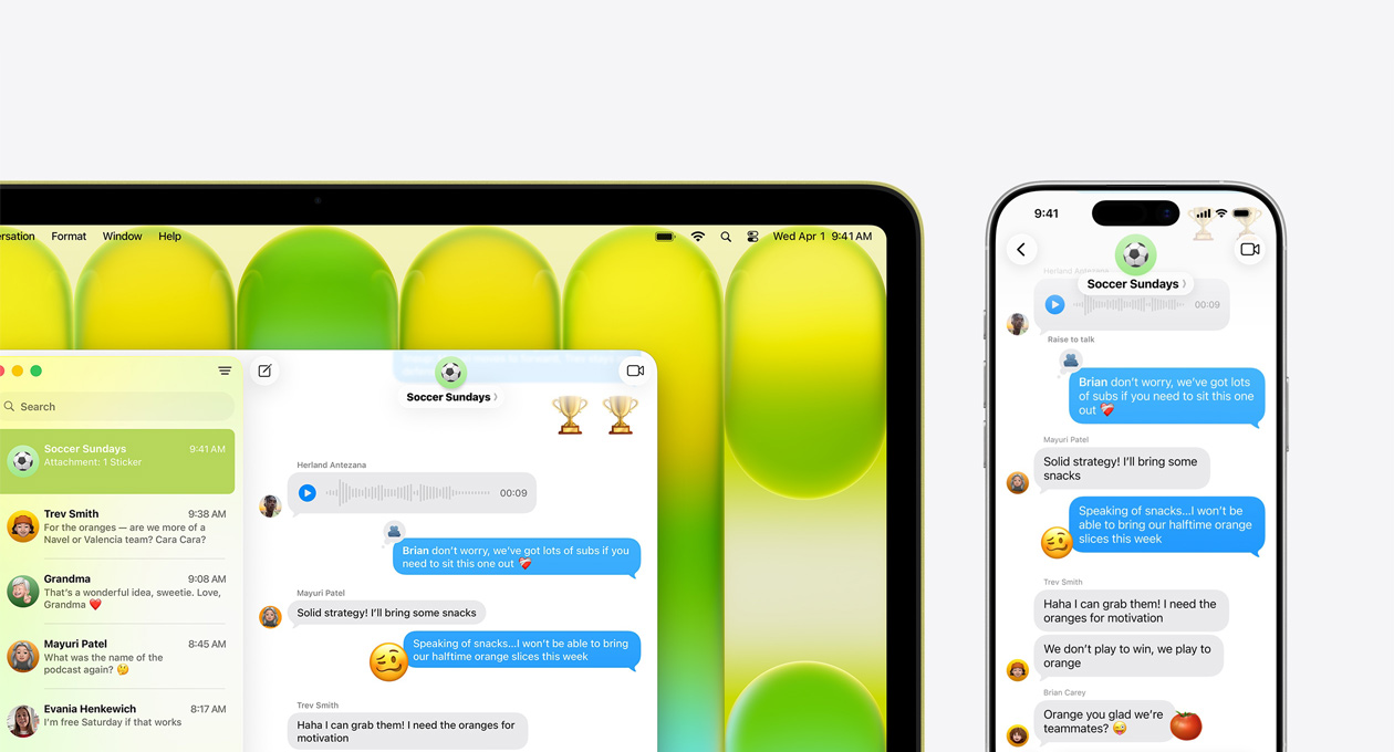 MacBook Neo, σε χρ?μα κ?τρο, εμφαν?ζει ομαδικ? συνομιλ?α στο app Μην?ματα με τ?τλο ?Soccer Sundays? και ?λλα πρ?σφατα μην?ματα, το iPhone δ?πλα του εμφαν?ζει την ?δια ομαδικ? συνομιλ?α