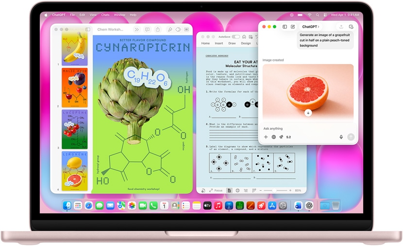 MacBook Neo, σε χρ?μα αιθ?ριο ροζ, χρησιμοποι?ντα? το ChatGPT για τη δημιουργ?α εικ?να? γκρ?ιπφρουτ, ?λλα παρ?θυρα περι?χουν ?να ?γγραφο Keynote με τ?τλο ?αφ?σε? μορ?ων? με εικ?νε? φρο?των και λαχανικ?ν και σχετικ?ν μοριακ?ν εν?σεων, καθ?? και ?να σχετικ? ?γγραφο Microsoft Word