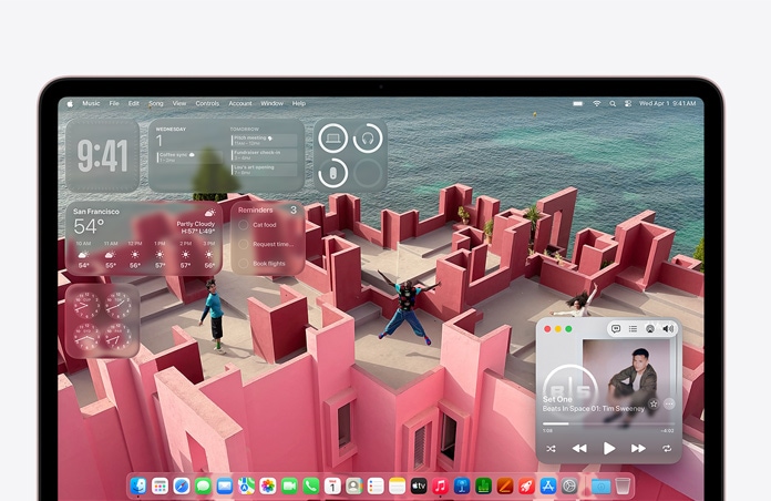 Οθ?νη MacBook Neo προσαρμοσμ?νη με φ?ντο επιφ?νεια? εργασ?α? μια βερ?ντα σε παραθαλ?σσια ταρ?τσα και δι?φορα widget ?πω? Μουσικ?, Ημερολ?γιο, Καιρ?? και Υπενθυμ?σει?
