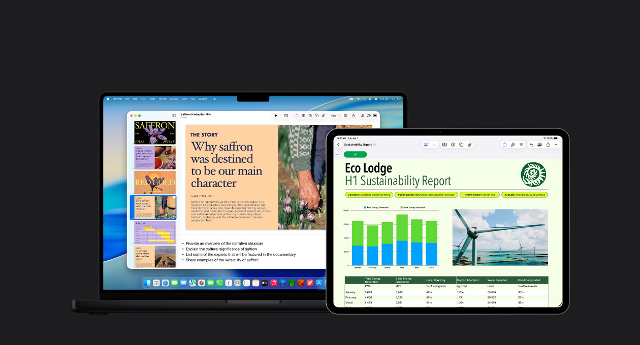 13 吋 iPad Pro 螢?zāi)伙@示幻燈片上的報(bào)告，上面有圖表、表格和圖形；16 吋 MacBook Pro 螢?zāi)伙@示 Keynote 簡(jiǎn)報(bào)，左側(cè)為多張幻燈片，底部為生成的演講者筆記。
