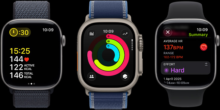 三款 Apple Watch 裝置，螢?zāi)环謩e顯示體能訓(xùn)練指標(biāo)、活動記錄圓圈，以及體能訓(xùn)練結(jié)束後的分析資料