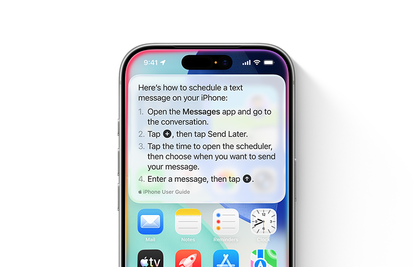 iPhone 顯示逐步指引，說(shuō)明如何處理需要稍後傳送的文字訊息。