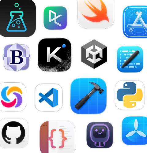 一系列編碼 app 圖像，包括 Unity Editor、DataCamp、Swift Playground 和 Apple Developer。