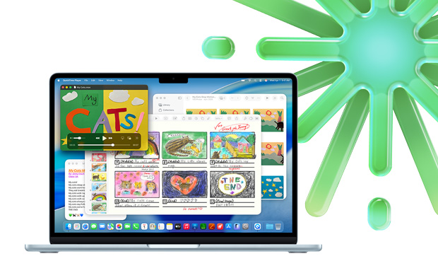 天藍色的 MacBook，畫面顯示 Quicktime、備忘錄、Keynote 和相片，以展示運用多個 app 進行多工處理的能力