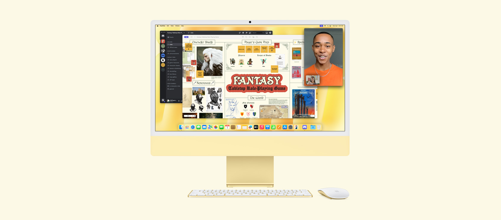 黃色 iMac，螢?zāi)伙@示在進(jìn)行 Fantasy Tabletop Role-Playing 遊戲，並同時(shí)使用 Freeform、Discord 及 FaceTime app。