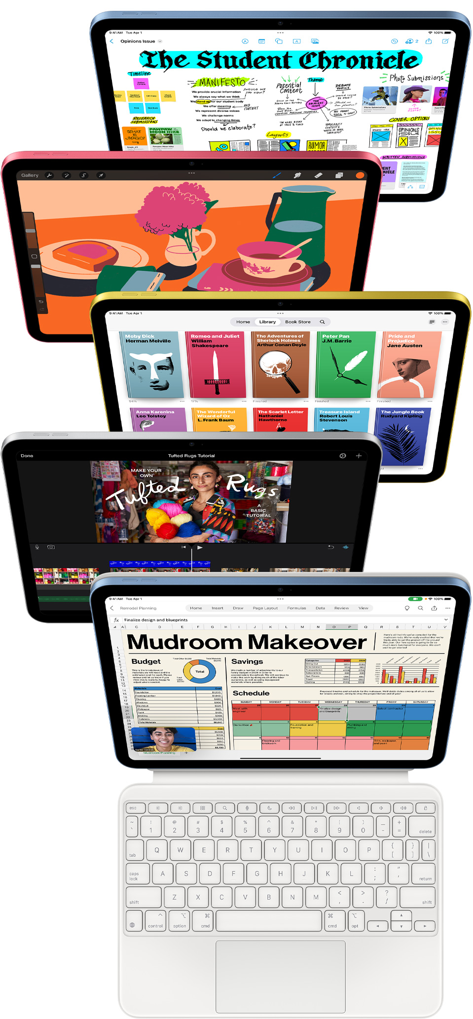 多部 iPad 的正面圖，螢?zāi)伙@示各式各樣的 app，包括 Freeform、Procreate、Apple Books、iMovie、Excel 和 Webex Meetings。
