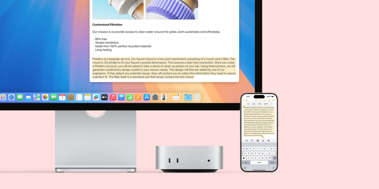 Mac 顯示器、銀色 Mac mini 和 iPhone 排成一行，顯示器和 iPhone 螢?zāi)簧险故就ㄓ眉糍N板功能，從一部 Apple 裝置複製內(nèi)容貼至另一部裝置。