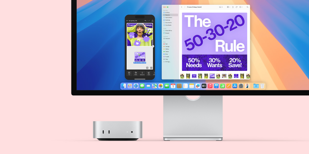 銀色 Mac mini 的正面，展示機身前面連接埠和指示燈，放置在 Mac 顯示器下方，簡潔俐落。螢?zāi)簧巷@示彩色畫面及 Dock 上多個 app 圖像。