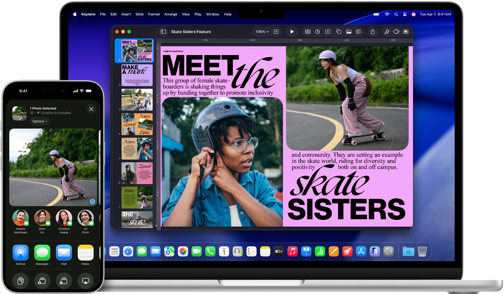 iPhone 16 Plus 展示已開啟相片 app；13 吋 MacBook Air 展示已開啟 Keynote 幻燈片，當中顯示 iPhone 上的相同相片