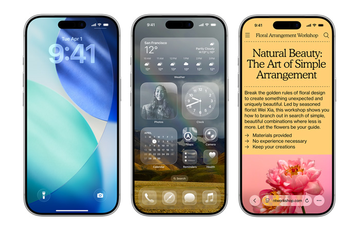 幾部 iPhone 並排，展示 iOS 各種新設(shè)計元素，例如鎖定畫面上的半透明 Liquid Glass 數(shù)字時鐘，以及主畫面上通透的 Liquid Glass app 圖像。