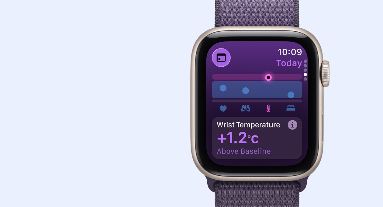 Apple Watch SE 3, aluminijsko ku?i?te zvjezdano bijele boje, pokazatelji temperature zape??a, Digital Crown s desne strane, sportska narukvica boje ljubi?aste magle