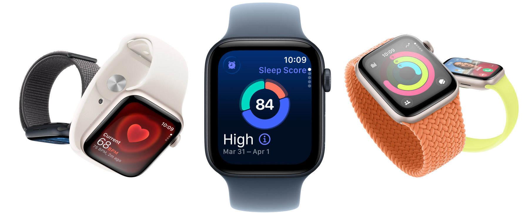 Apple Watch SE 3 s aluminijskim ku?i?tima dostupnim u zvjezdano bijeloj i pono?no crnoj boji, s aplikacijama kao ?to su Vitalne funkcije, Puls, rezultat spavanja, kolutovi aktivnosti i dolazni poziv