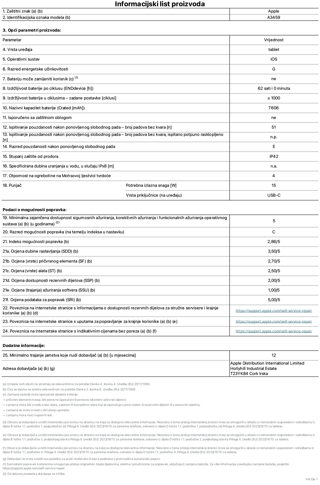 List s informacijama o proizvodu za 11-in?ni iPad Air Wi-Fi, model A3459. Isporu?uje Apple Distribution International Limited, Hollyhill Industrial Estate. Cork, Irska, T23 YK84. Vrsta ure?aja: tablet. Operativni sustav: iOS. Klasa energetske u?inkovitosti: G. Baterija koju mo?e zamijeniti korisnik: ne. Trajanje baterije po ciklusu: 62 sata. Trajanje baterije u ciklusima - zadane postavke: 1000 ili vi?e. Nazivni kapacitet baterije: 7606 mAh. Isporu?eno sa za?titnom maskom: ne. Test pouzdanosti pri vi?ekratnim slobodnim padovima - broj padova bez kvara: 51 ili vi?e. Test pouzdanosti pri vi?ekratnim slobodnim padovima – broj padova bez kvara testiranih u potpuno pro?irenom stanju: nije primjenjivo. Klasa pouzdanosti pri vi?ekratnim slobodnim padovima: E. Ocjena za?tite od prodiranja: IP42. Specificirana dubina uranjanja u vodu u slu?aju ocjene iPx8: nije primjenjivo. Otpornost na grebanje zaslona na Mohsovoj ljestvici tvrdo?e: 4. Potrebna izlazna snaga punja?a: 15 W. Vrsta uti?nice punja?a (na strani ure?aja): USB-C. Minimalna zajam?ena dostupnost sigurnosnih a?uriranja operativnog sustava, korektivnih a?uriranja i a?uriranja funkcija: 5 godina. Klasa popravljivosti: C. Indeks popravljivosti: 2,86/5. Ocjena dubine rastavljanja (SDD): 3,5/5. Ocjena pri?vrsnih elemenata: 2,7/5. Ocjena alata: 2,5/5. Ocjena rezervnih dijelova: 2/5. Ocjena a?uriranja softvera: 1/5. Ocjena informacija o popravcima: 5/5. Poveznica koja vodi do informacija o dostupnosti rezervnih dijelova za profesionalne servisere i krajnje korisnike: https://support.apple.com/self-service-repair. Poveznica koja vodi do uputa za popravljanje za krajnje korisnike: https://support.apple.com/self-service-repair. Poveznica koja vodi do indikativnih cijena prije poreza: https://support.apple.com/self-service-repair. Ponu?eno je 12-mjese?no op?enito jamstvo.