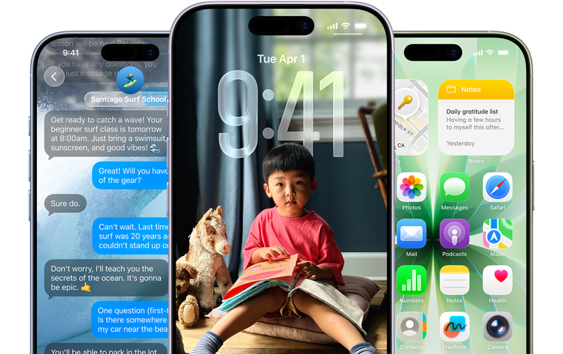 Ure?aji iPhone 17 s prednje strane, u bojama magli?asto plava, lavanda i kadulja, prikazuju zna?ajke iOS-a: Pozadina s porukama, Liquid Glass na Zaklju?anom zaslonu i Po?etni zaslon s prikazom raznih aplikacija