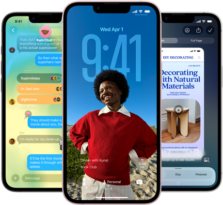 Tri ure?aja iPhone 17e, prikazana je aplikacija Poruke s dizajnom Liquid Glass, dinami?ni Zaklju?ani zaslon i Vizualna inteligencija u upotrebi