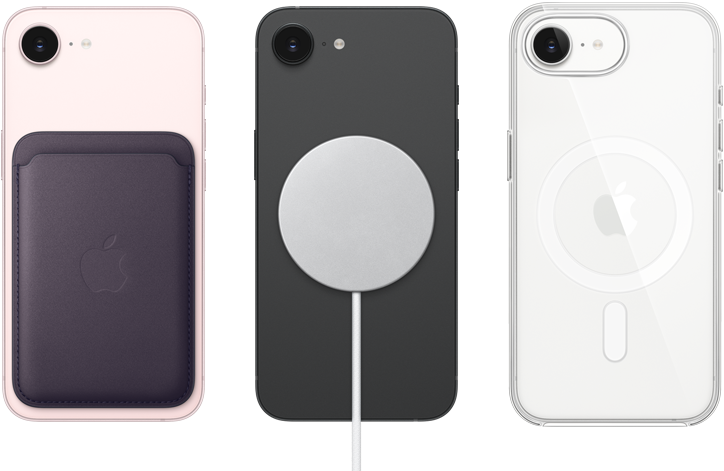 iPhone 17e, stra?nja strana, blijedo ru?i?asta boja, pri?vr??en nov?anik FineWoven s tehnologijom MagSafe, iPhone 17e, stra?nja strana, crna boja, pri?vr??en MagSafe punja?, iPhone 17e, stra?nja strana, bijela boja, prozirna maska i pri?vr??eni MagSafe